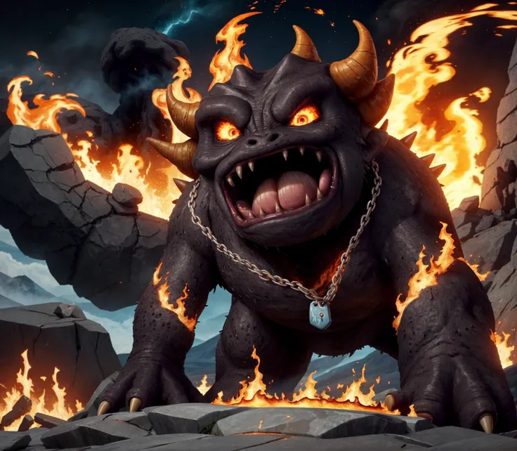 biped rock and lava monster , rocks, lava and explosions, smoke, evil grin, looking at the camera, (emissive:1.3)
fire bracelets, chains necklace, choker
planet on fire, night skt, clouds of smoke
claws, nails, tongue, uneven teeth
<lora:BlowItUp!_v1-DSlater:1.35> Explosion Artstyle
<lora:funnyCreatures_v1:0.55> fantz cartoon monster