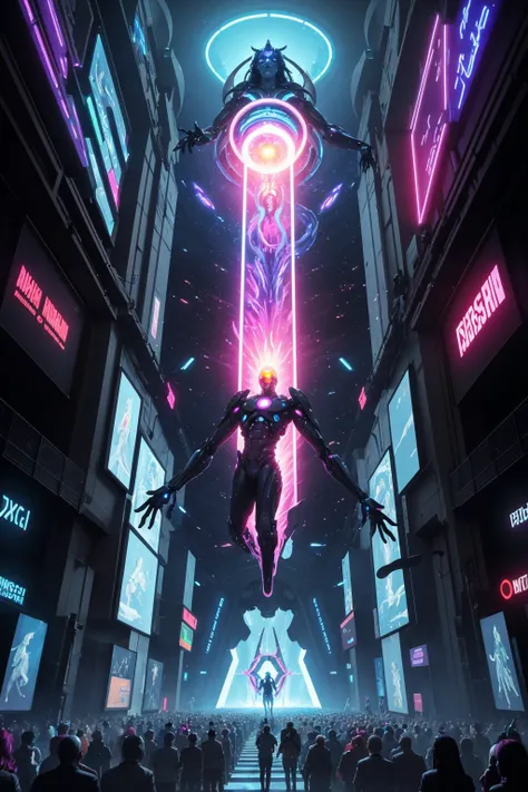 (masterpiece, artwork), painting of a higher being descending to earth, portal, futuristic, crowd, glowing, neon lights, creepy, epic