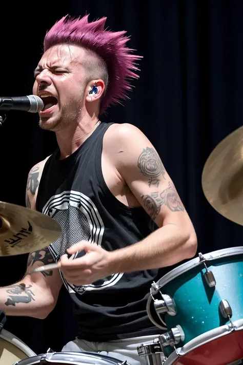 action shot of a punk drummer, on stage, rock show, sweaty, mohawk, screaming