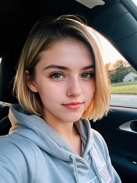 RAW photo, a 18-year-old blonde girl, upper body, selfie in a car, blue hoodie, inside a car, driving, soft lighting, high quality, highres, sharp focus, extremely detailed, (sunlight on face), beautiful eyes, masterpiece, cinematic lighting, dslr, Fujifilm XT3, (((film grain)))