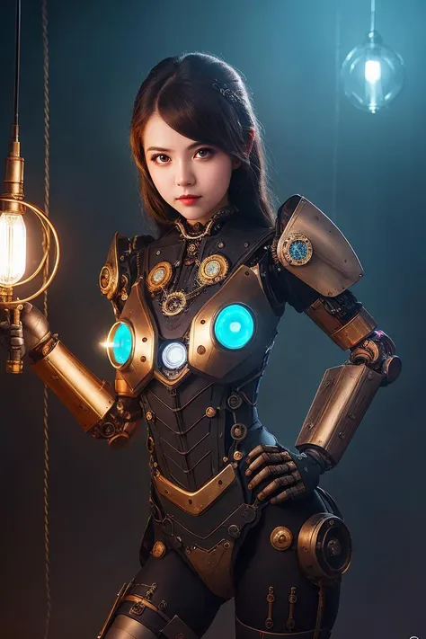 cunning steampunk girl, studio lighting, robotic arms, colorful, background blur, bokeh, medium shot, visually stunning, matte painting,