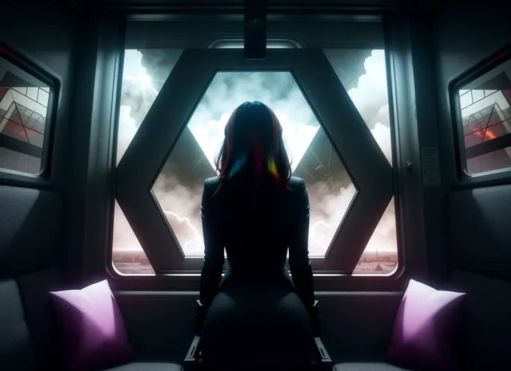 three cornered window, back of head shot of (woman looking out of triangle window:1.1), 3rd person, Looking out the triangular window of a (train:1.1) with triangular windows, triangular windows and triangular, wheels, in a fantasy world,
psychedelic, geometric, vivid light, high contrast, triadic colors, dark shadows, explosions, nuclear mushroom cloud, nuclear explosion, dystopian nightmare,
(beautiful composition),
21 yo woman,