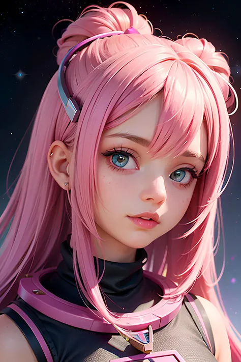 1girl, portrait, pink unicorn space princess, pink hair
