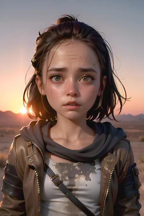 (1girl), (portrait), (post-apocalyptic wanderer in the desert at sunset, dirty hair, dirty skin, dusty torn clothes), (mad max, dune)