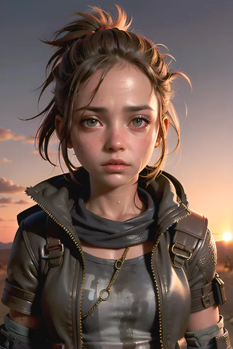 (1girl), (portrait), (post-apocalyptic wanderer in the desert at sunset, dirty hair, dirty skin, dusty torn clothes), (mad max, dune)