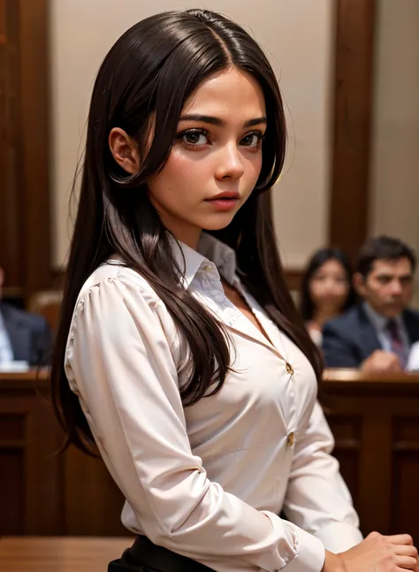 (sharp focus, dynamic, masterpiece, realistic:1.25), (skinny:1.3), (brown skin:1.4), black hair, long hair, straight hair, Latina, Hispanic, Mexican woman wearing formal suit in courtroom, lawyer, attorney,