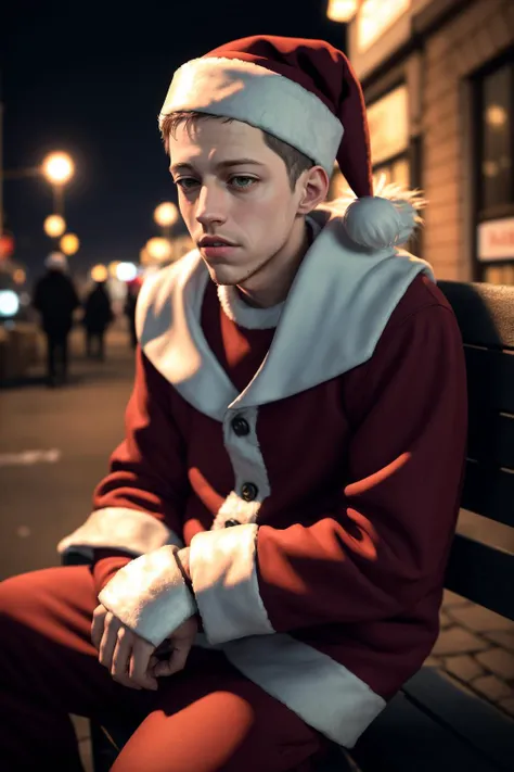 (best quality:1.3), (masterpiece:1.3), (detailed:1.2), 8K, realistic, scruffy pete davidson, sitting on a bench, dressed as santa claus, dramatic lighting, cold dark street,