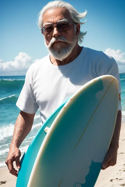 (best quality:1.3), (masterpiece:1.3), (detailed:1.2), 8K, master roshi, white beard, stranded on island, surf board, beach house