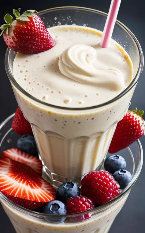 mix fruit and berries, fruits splash milk mixed fruit milkshake, hyper realistic, dramatic lighting , fruit, liquid splashes, merging, melting, splashing, droplets, mixing, fading away, exploding, swirling, intricate detail, modelshoot style, dreamlikeart, dramatic lighting. 8k, highly detailed, trending artstation, Splash