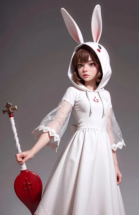 rabbit anthropomorphism, hoodie, blood, lace, white gown, archer