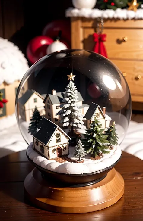 tiltshift, snowglobe with a christmas village inside,
