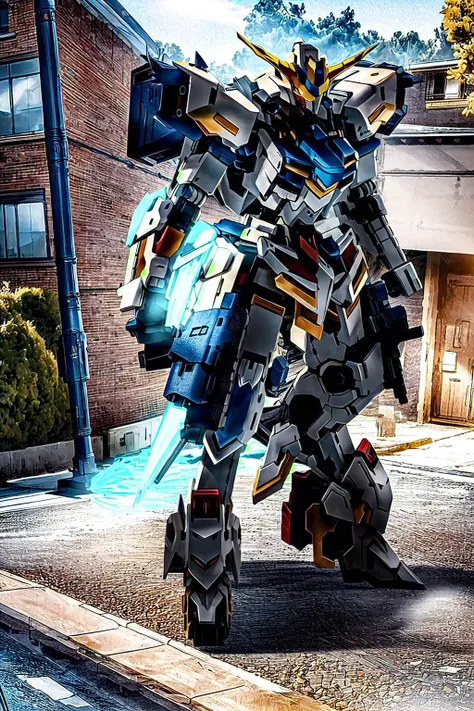gundam, mecha, giant robot, realistic, photorealistic, masterpiece,v-fin, glowing, beam rifle, (barbatos)