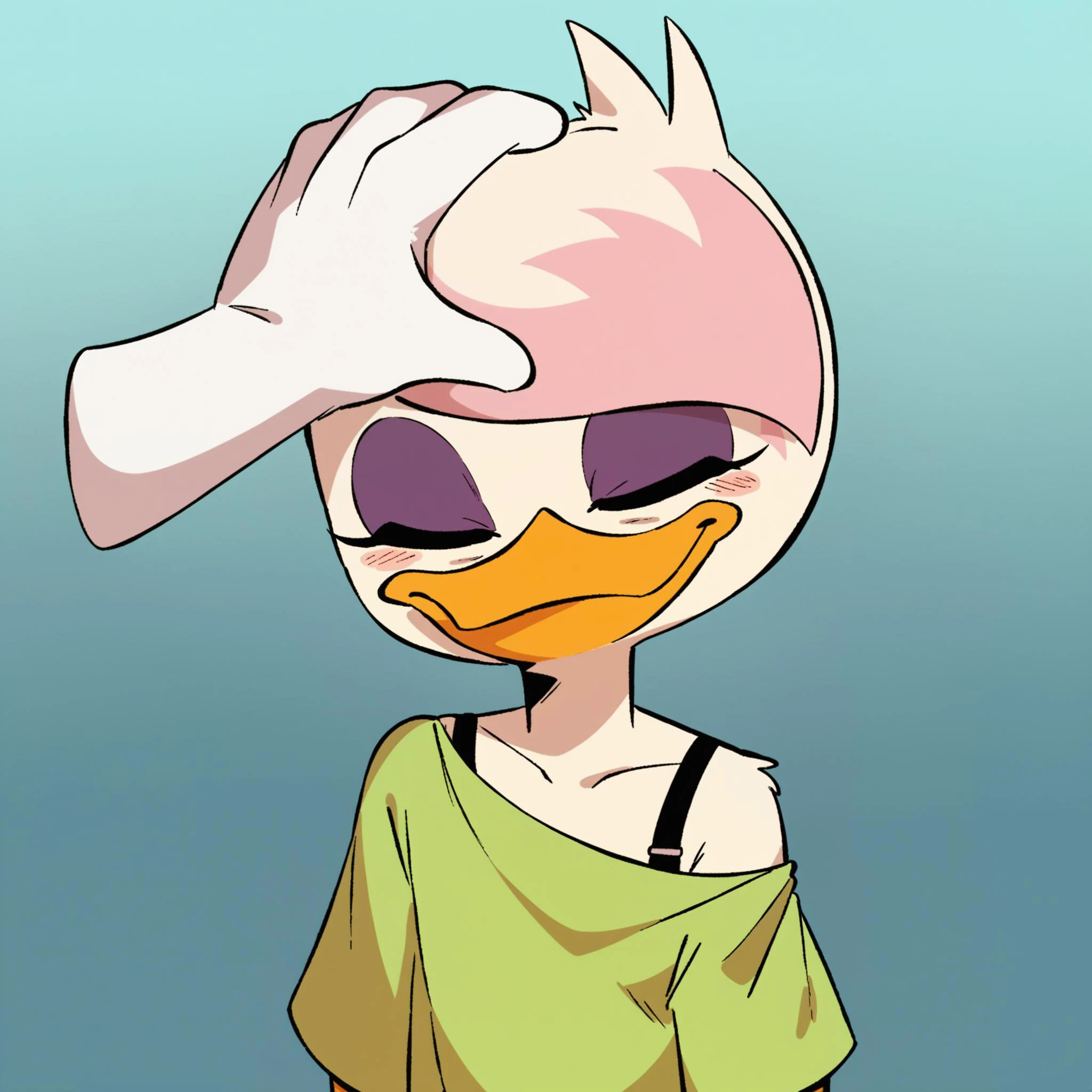 score_9, score_8_up, score_7_up, score_6_up, best quality, highres, source_furry, BREAK
ppp, BREAK
1girl, solo focus, furry, heart background, gradient background, duck, beak, lena sabrewing, young, , white skin, white hair, pink highlights, short hair, purple eyeshadow, green shirt, off shoulder, smile, bra strap, eyes closed, blush, headpat, blep, from above, <lora:Lena_Sabrewing:1>