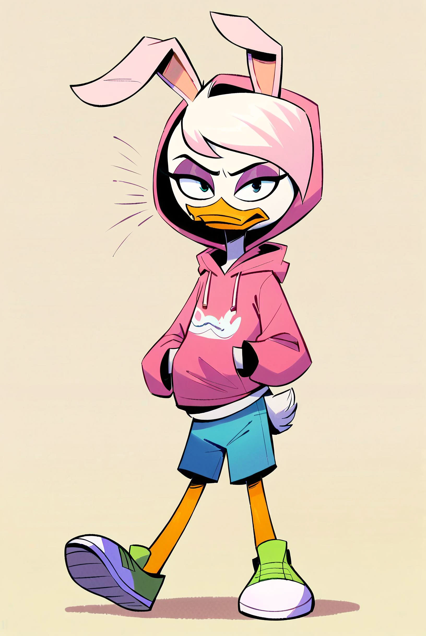 score_9, score_8_up, score_7_up, score_6_up,score_5_up,score_4_up, 1girl, rating safe, cute, lena sabrewing, ducktales, duck, beak, scut tail, white skin, white hair, pink highlights, short hair, eyeliner, purple eyeshadow, pink eyeshadow, orange legs, webbed feet, blue shorts, sneakers, from high, grouch, wearing a pink hoodie, hood on head, bunny ears, annoyed, looking at you <lora:Lena_Sabrewing:1> <lora:add-detail-xl:3>, ZPDXL