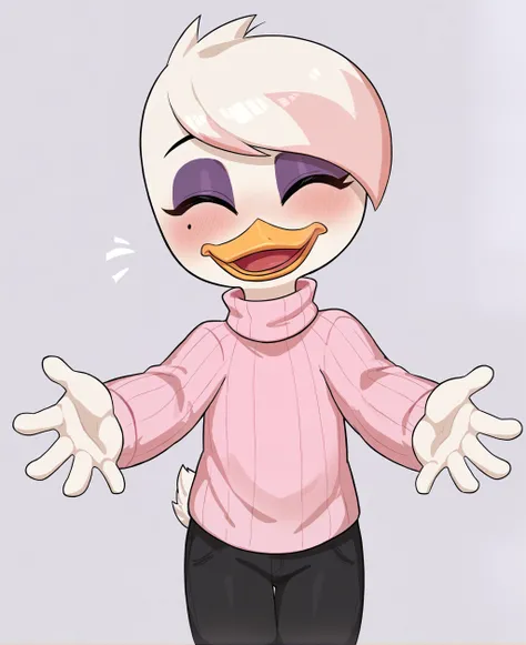 score_9, score_8_up, score_7_up, score_6_up, best quality, highres, source_furry, BREAK
by_mizumizuni, BREAK
1girl, female, solo, white background, duck, beak, lena sabrewing, young, child, white skin, white hair, pink highlights, short hair, black eyes, eyes closed, blush, happy, purple eyeshadow, (turtleneck sweater, pink sweater, ribbed sweater) reaching, outstretched arms, reaching, towards viewer, <lora:Lena_Sabrewing:1> <lora:ponyxl-mizumizuni-style-v03:1>