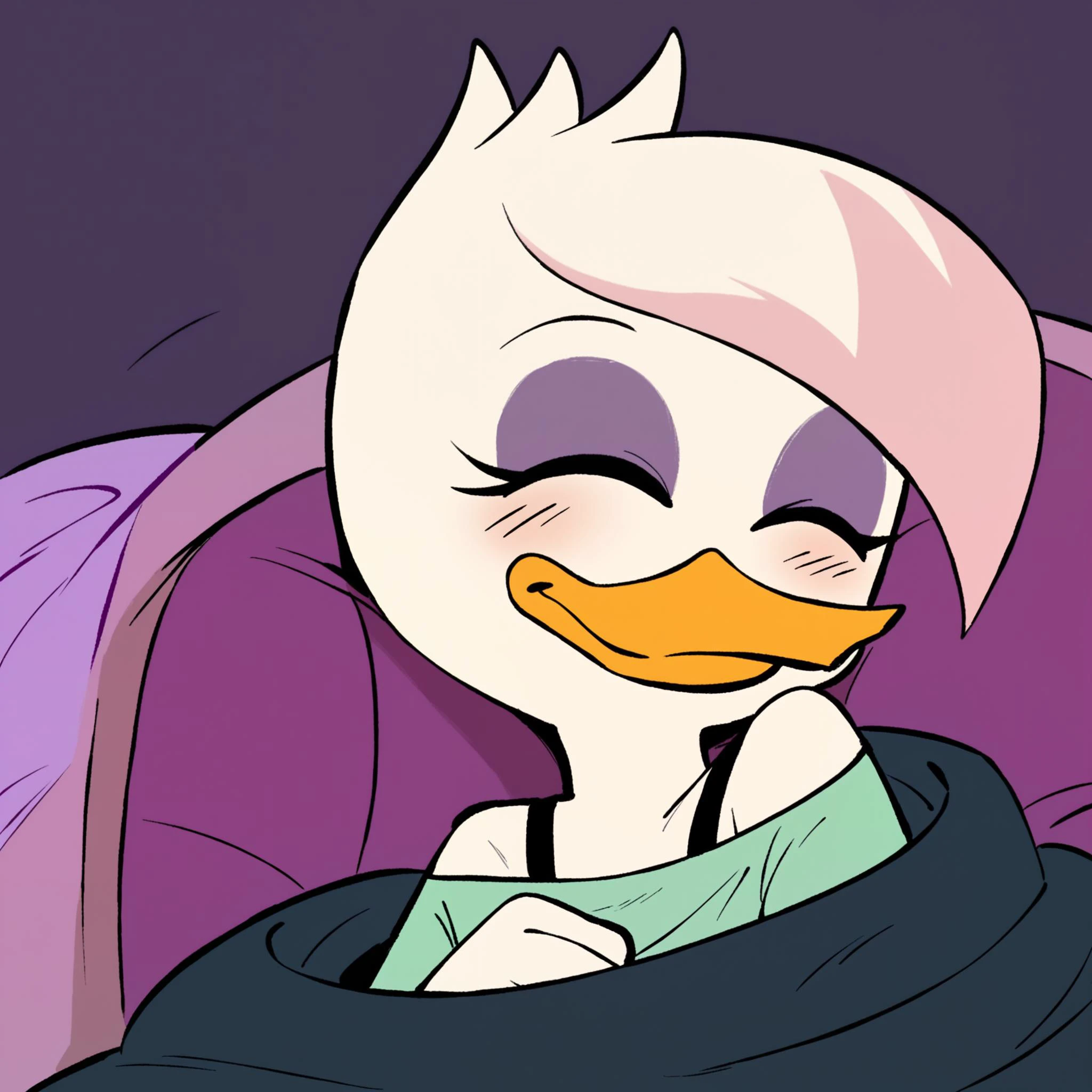 score_9, score_8_up, score_7_up, score_6_up, best quality, highres, source_furry, BREAK
ppp, BREAK
1girl, female, solo, furry, bedroom, duck, beak, lena sabrewing, young, , white skin, white hair, pink highlights, short hair, purple eyeshadow, green shirt, off shoulder, bra strap, sleeping, eyes closed, blanket, under covers, smile, blush <lora:Lena_Sabrewing:1>