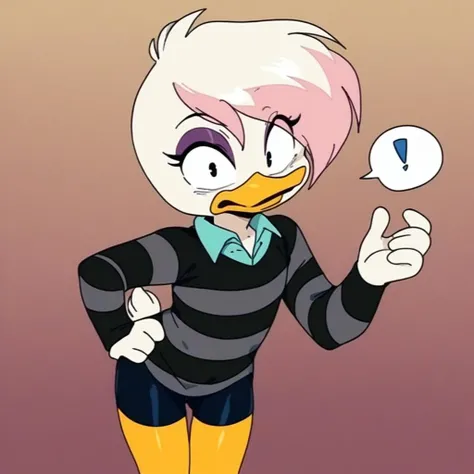 score_9, score_8_up, score_7_up, score_6_up, best quality, highres, source_furry, BREAK
vum, BREAK
1girl, female, solo, furry, bedroom, duck, beak, lena sabrewing, young, , white skin, white hair, pink highlights, short hair, black eyes, orange legs, purple eyeshadow, black bike shorts, dress shirt, dark clothing, striped sweater, long sleeves, suprised, wide eyed, spoken_exclamation_mark , spoken_question_mark, hand on hip, leaning forward, looking at viewer, angry <lora:Lena_Sabrewing:1>
