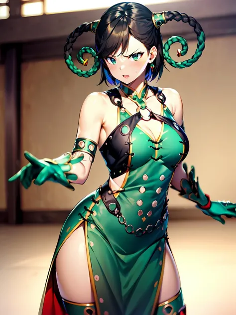 (Unity 16K Wallpaper, Masterpiece, Best Quality, Ultra-Detailed, Extremely Detailed CG, Caustics, Cinematic Lighting, Detailed, Beautiful Detailed Eyes, NSFW:2.0, 1girl, Curby,), Ultra High Resolution, fine skin, (cute: 1.2), (girl), (30 years old), ((simple chinese clothes:1.2)), ((writing on fine background, saturated, strong light, Chinatown)), tights, double bun, red eyes, green hair