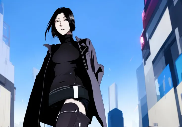 Kanji, realistic cyberpunk hacker woman, wearing a cyberpunk trenchcoat, cyberpunk architecture mega city, KANv3