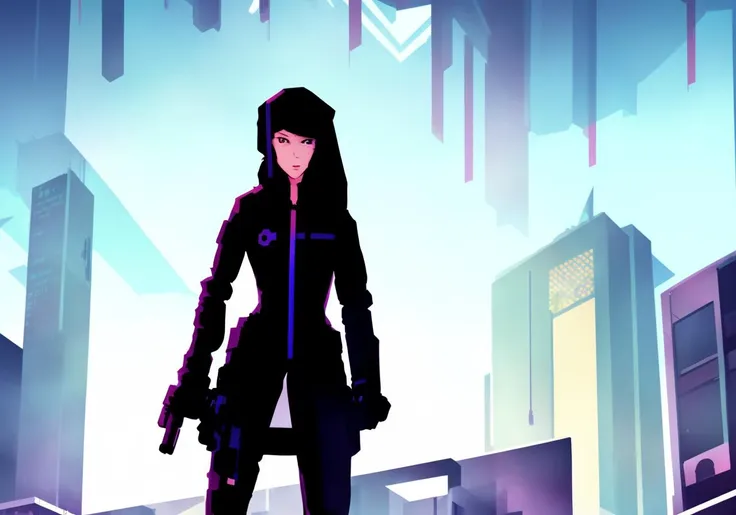 Kanji, realistic cyberpunk hacker woman, wearing a cyberpunk trenchcoat, cyberpunk architecture mega city, KANv3