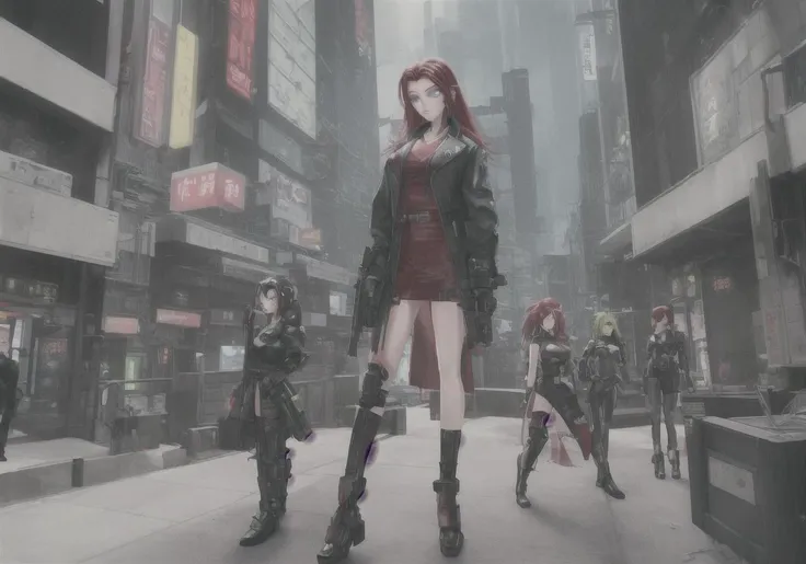 Kanji, masterpiece, best quality, Red Hair {{Atomicpunk CyberFantasy}}, {the Heavenly host}, {{strong cyberpunk-Hacker woman}}, (BIG Energy Portal), Jewel-like eyes,black ribbon,glowing green eyes,oversized intricate armor dress,{floating trenchcoat}, {{{Anime}}}