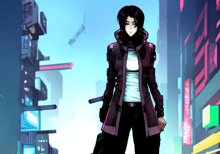 Kanji, realistic cyberpunk hacker woman, wearing a cyberpunk trenchcoat, cyberpunk architecture mega city, KANv3