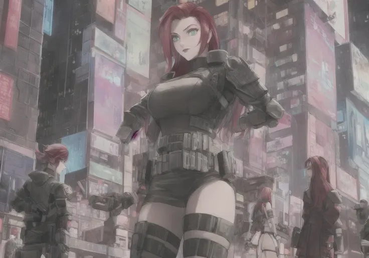 Kanji, masterpiece, best quality, Red Hair {{Atomicpunk CyberFantasy}}, {the Heavenly host}, {{strong cyberpunk-Hacker woman}}, (BIG Energy Portal), Jewel-like eyes,black ribbon,glowing green eyes,oversized intricate armor dress,{floating trenchcoat}, {{{Anime}}}