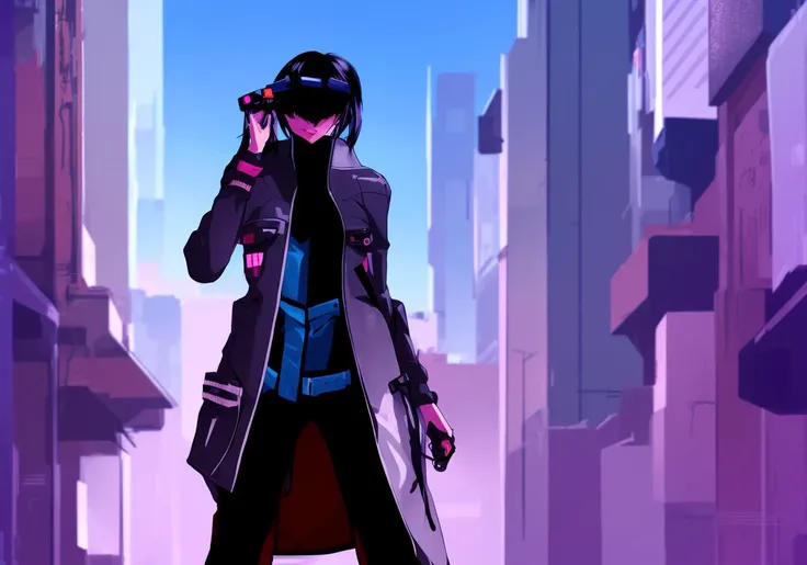 Kanji, realistic cyberpunk hacker woman, wearing a cyberpunk trenchcoat, cyberpunk architecture mega city, KANv3