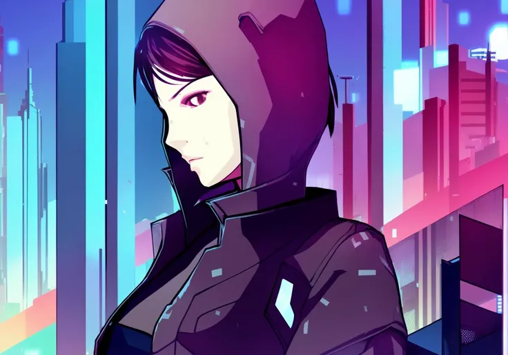 Kanji, realistic cyberpunk hacker woman, wearing a cyberpunk trenchcoat, cyberpunk architecture mega city, KANv3