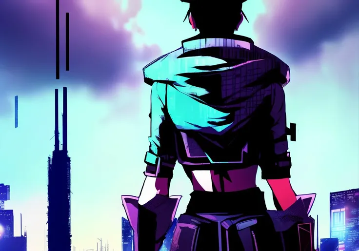 Kanji, realistic cyberpunk hacker woman, wearing a cyberpunk trenchcoat, cyberpunk architecture mega city, KANv3