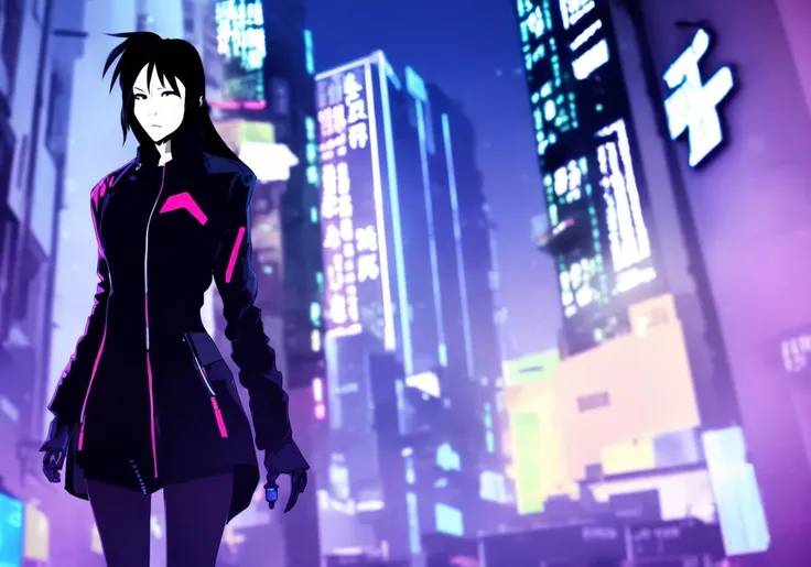 Kanji, realistic cyberpunk hacker woman, wearing a cyberpunk trenchcoat, cyberpunk architecture mega city, KANv3