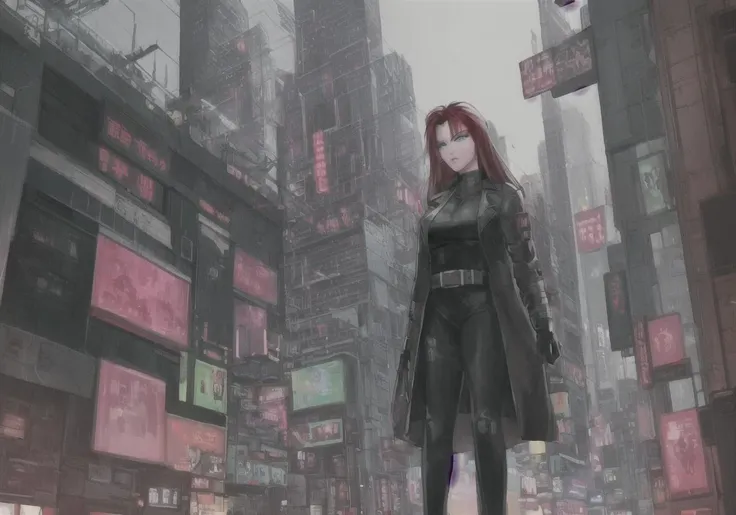 Kanji, masterpiece, best quality, Red Hair {{Atomicpunk CyberFantasy}}, {the Heavenly host}, {{strong cyberpunk-Hacker woman}}, (BIG Energy Portal), Jewel-like eyes,black ribbon,glowing green eyes,oversized intricate armor dress,{floating trenchcoat}, {{{Anime}}}