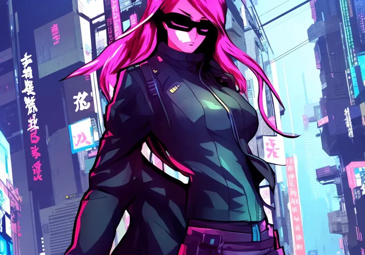 Kanji, realistic cyberpunk hacker woman, wearing a cyberpunk trenchcoat, cyberpunk architecture mega city, KANv3