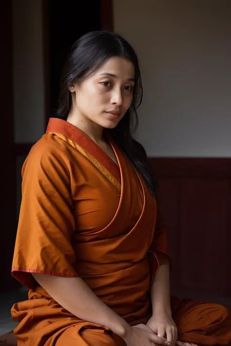 DEN_pandora_kaaki,
(a Buddhist monk sitting outside and meditating in a Buddhist monastery wearing orange Buddhist robes, Buddhist, tranquillity, peace:1.2),
bokeh, f1.4, 40mm, photorealistic, raw, 8k, textured skin, skin pores, intricate details <lora:epi_noiseoffset2:1>, epiCRealism <lora:ClothingAdjuster3:-1>