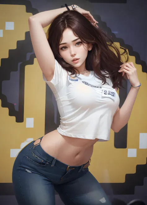 photorealistic,realistic, solo, photorealistic, best quality, ultra high res, 1girl, beautiful, masterpiece, best quality, extremely detailed face, perfect lighting,
<lyco:somibdaydance_lycor_02:1>,somibdaydance, 1girl, solo, pants, denim, jeans, long hair, jewelry, shirt, brown hair, bracelet, looking at viewer, midriff, lips, realistic, white shirt, brown eyes, navel, short sleeves, leaning forward, breasts, crop top, head tilt, blurry, parted lips, from side, t-shirt
<lyco:GoodHands-beta2:1.0>