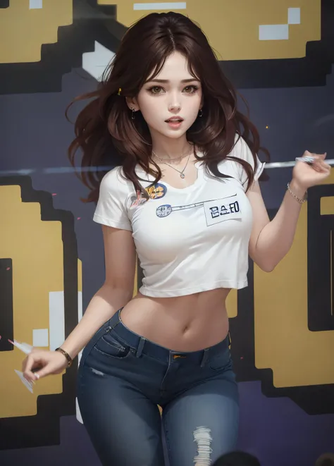 photorealistic,realistic, solo, photorealistic, best quality, ultra high res, 1girl, beautiful, masterpiece, best quality, extremely detailed face, perfect lighting,
<lyco:somibdaydance_lycor_02:1>,somibdaydance, 1girl, jewelry, pants, solo, torn jeans, torn pants, jeans, denim, navel, earrings, shirt, torn clothes, brown hair, long hair, necklace, realistic, lips, t-shirt, white shirt, midriff, clothes writing, looking at viewer, teeth, short sleeves, blurry, brown eyes, parted lips
<lyco:GoodHands-beta2:1.0>