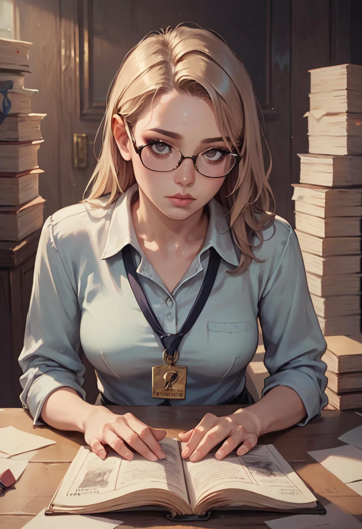 (score_9, score_8_up, score_7_up), detailed, realistic professional woman looks up from her papers at the viewer, annoyed, glasses, interrupted reading, stack of papers.
