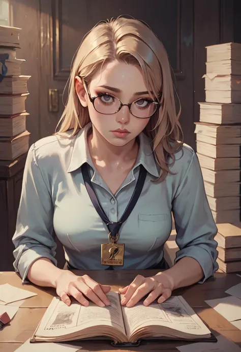 (score_9, score_8_up, score_7_up), detailed, realistic  professional woman looks up from her papers at the viewer, annoyed, glasses, interrupted reading, stack of papers.