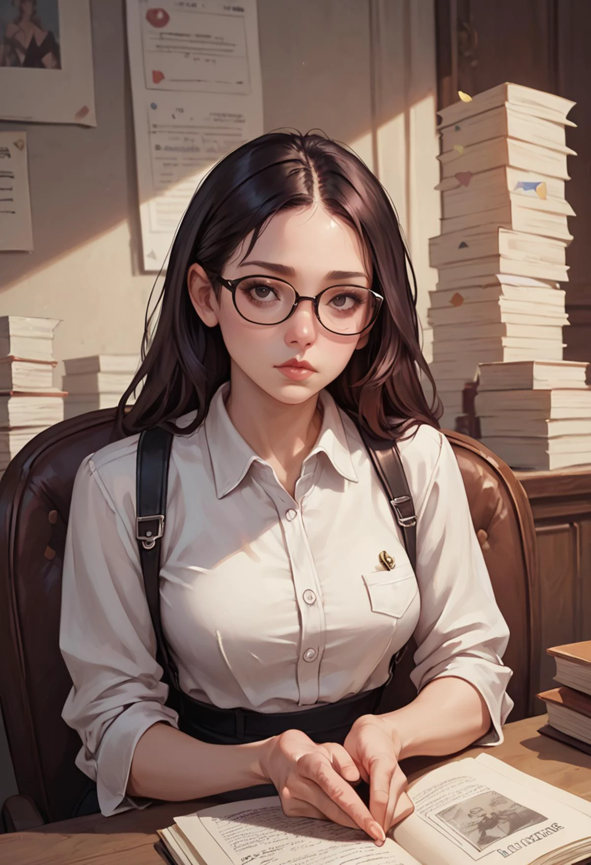 (score_9, score_8_up, score_7_up), detailed, realistic professional woman looks up from her papers at the viewer, annoyed, glasses, interrupted reading, stack of papers.