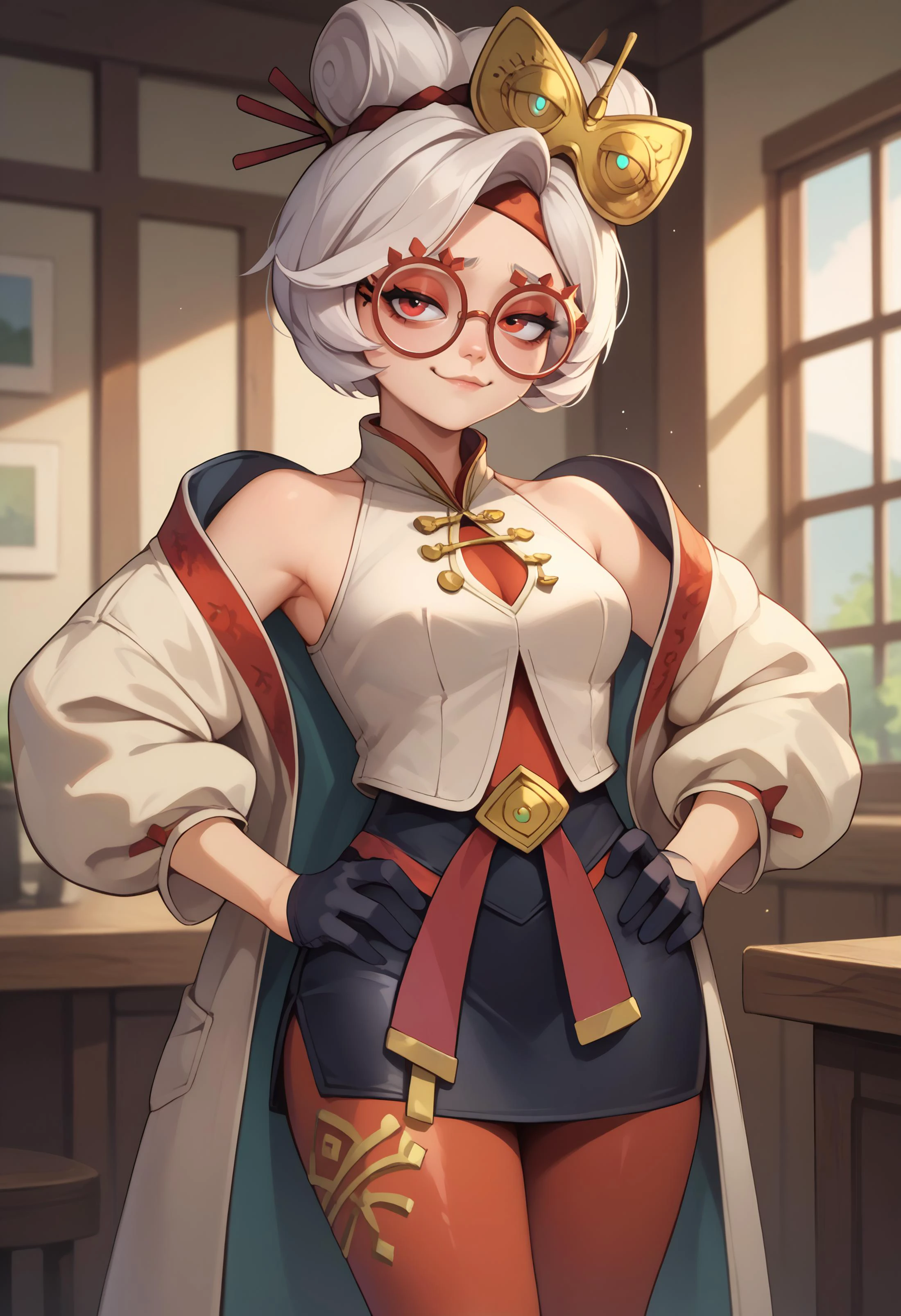 score_9, score_8_up, score_7_up BREAK <lora:purah-pdxl-nvwls-v1:1> purah, smug, hands on hips, hair ornament, red headband, red glasses, sleeveless shirt, white coat, black skirt, red leggings, gloves