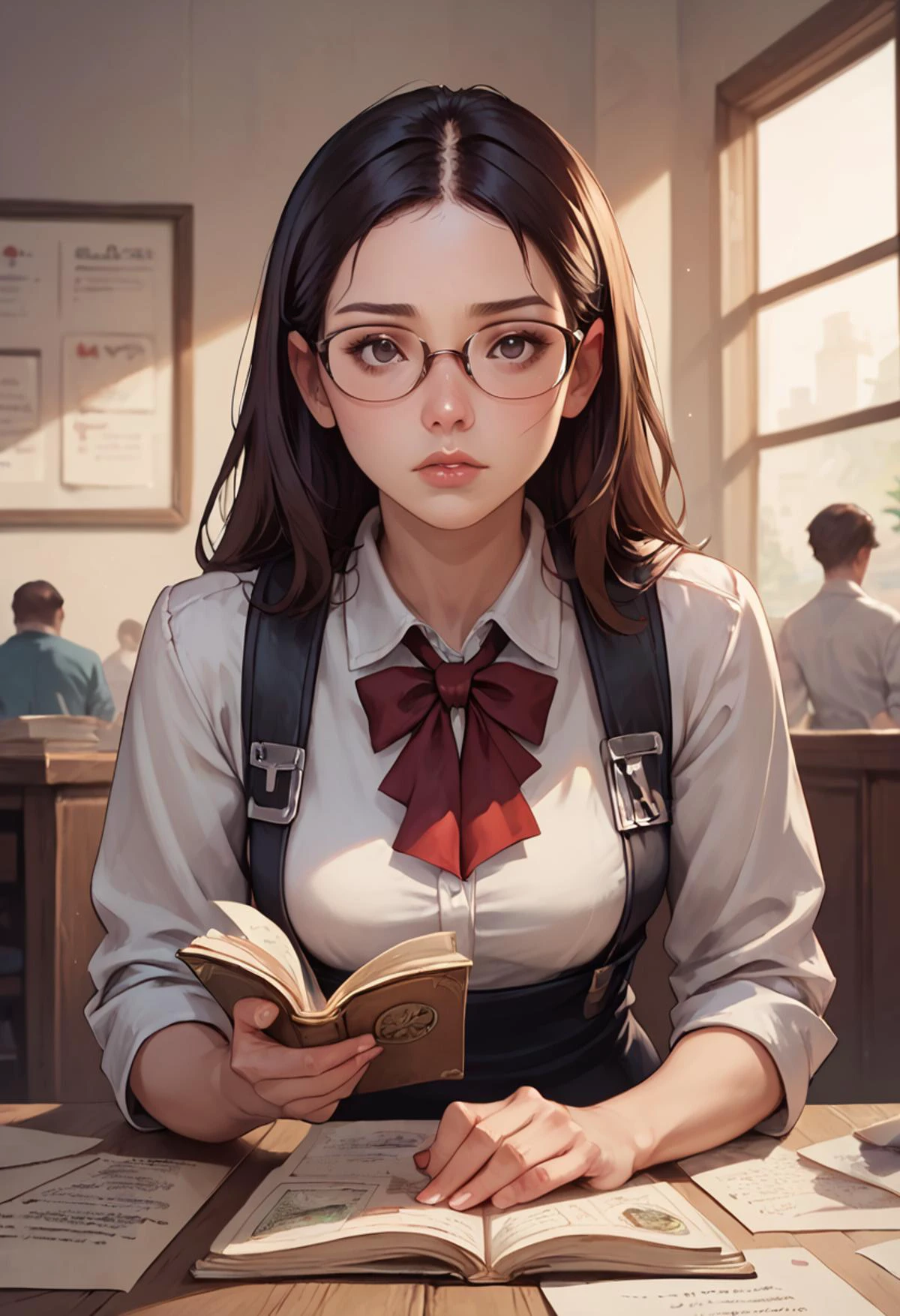 (score_9, score_8_up, score_7_up), detailed, realistic professional woman looks up from her papers at the viewer, annoyed, glasses, interrupted reading, stack of papers.