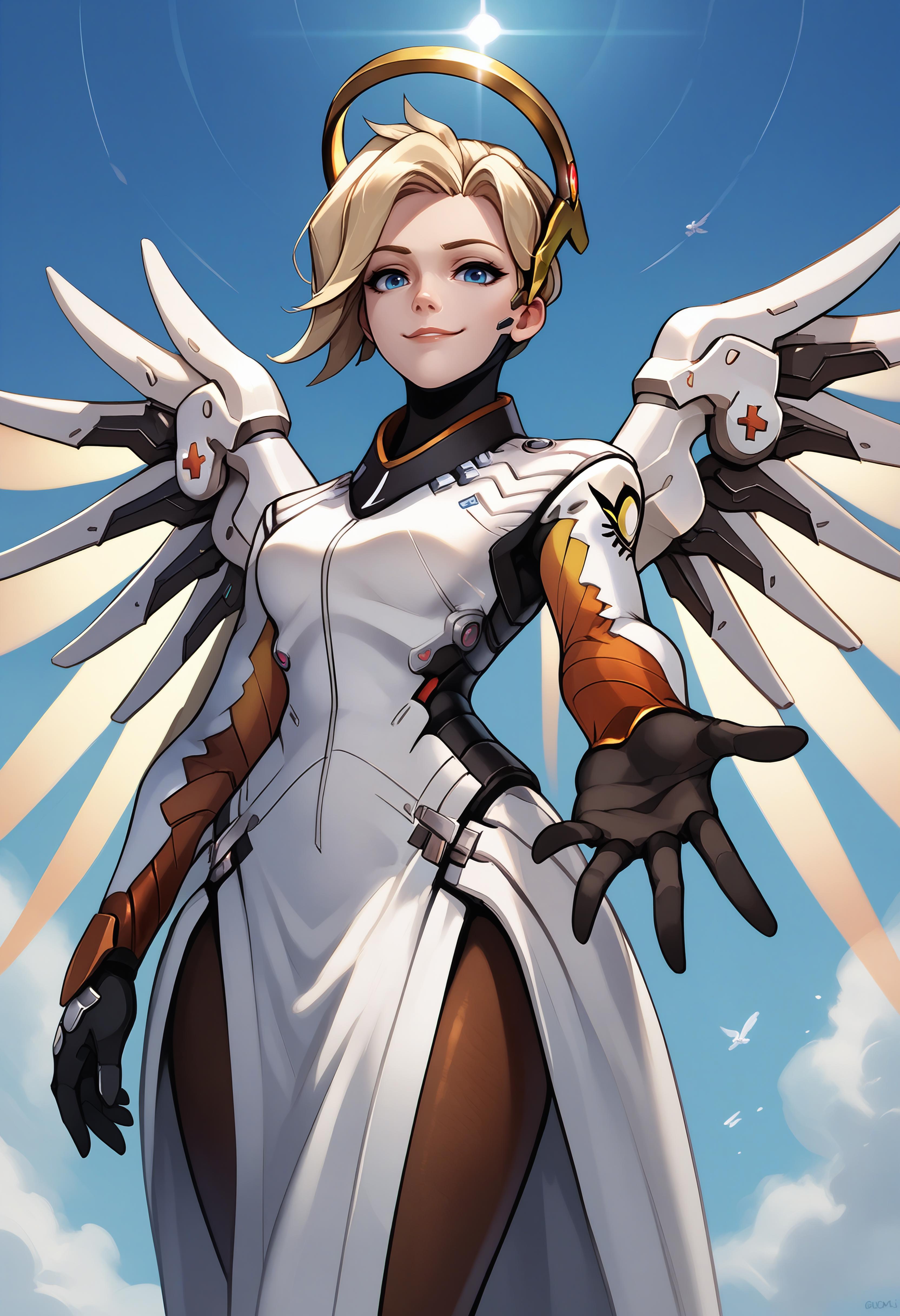 A woman in a white dress with wings and a sword - SeaArt AI