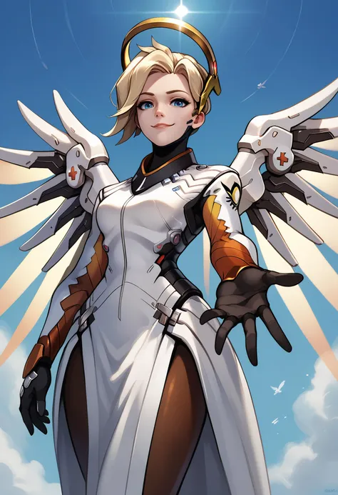 score_9, score_8_up, score_7_up, score_6_up BREAK  wrenchsmechs,mechanical halo, mechanical wings,from below,solo,mercy \(overwatch\),sky,midair,looking at viewer,slight smile,glow,sunbeam,flying, beckoning, reaching towards viewer <lora:wrenchsmechsxl:0.8> <lora:Beckoning_XLPD:0.8>