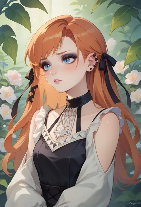 score_9, score_8_up, score_7_up BREAK pastel goth, <lora:ryne-pdxl-nvwls-v1:0.8> ryne, hair ribbon, orange hair, blue eyes, blushing, indoor garden