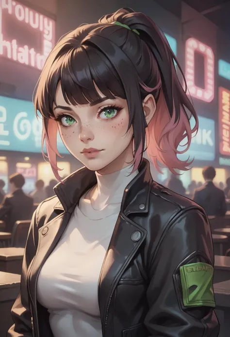 score_9, score_8_up, score_7_up, BREAK mature female, portrait, upper body, nightclub, neon lights, bokeh, depth of field, black hair, pink dyed hair, ponytail, bangs, green eyes, freckles, futuristic jacket, black jacket, leather jacket