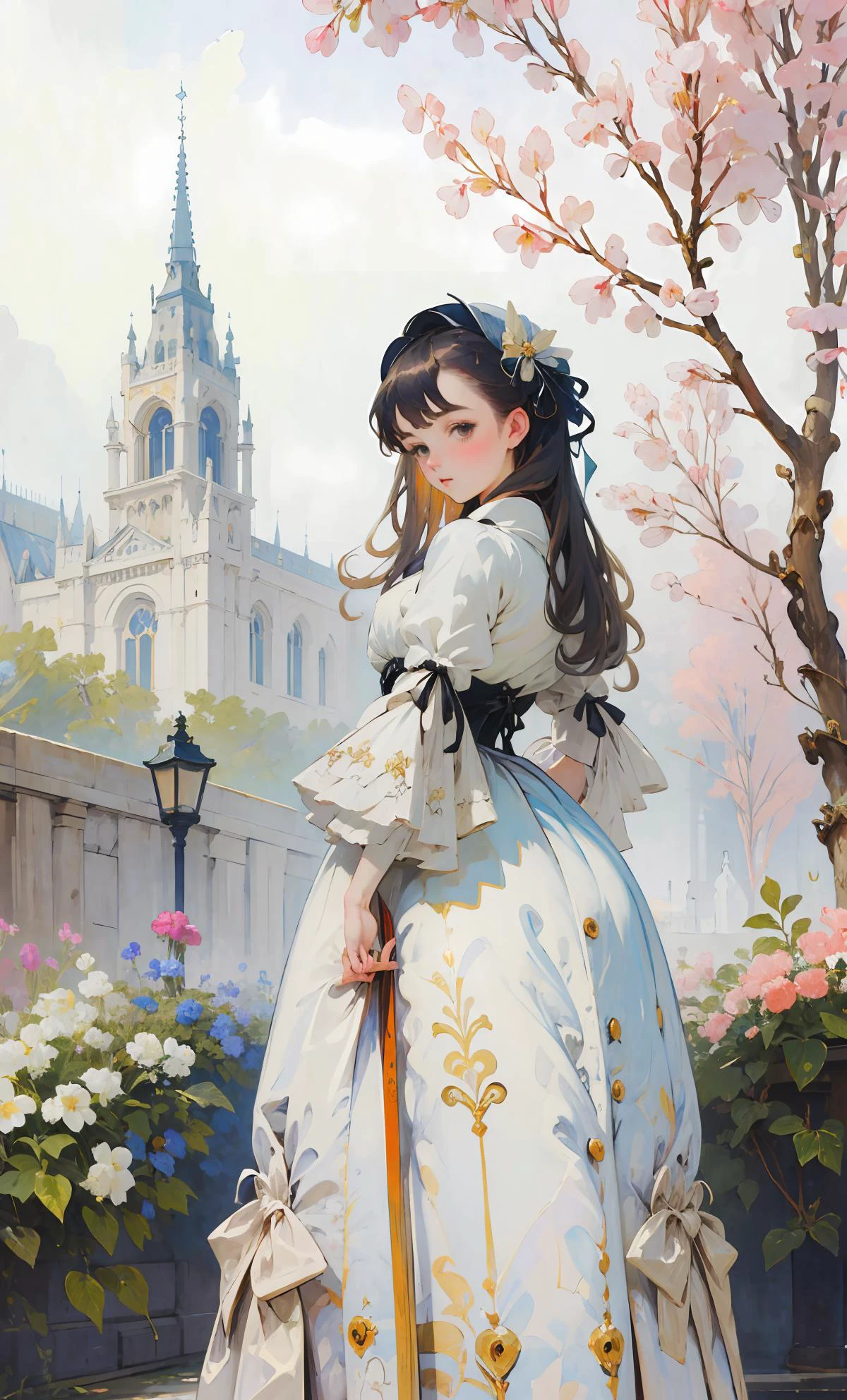 (masterpiece, top quality, best quality, official art, beautiful and aesthetic:1.2), 1girl, long black straight hair, solo, standing in garden, looking at viewer, white ta_dress,