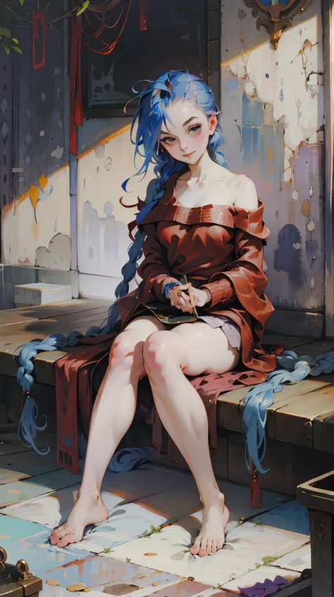 JinxLol, 1girl, solo, sweater, barefoot, smile, looking at viewer, sitting, off shoulder, bare shoulders, absurdly long hair, collarbone,<lora:JinxLol (1):1>