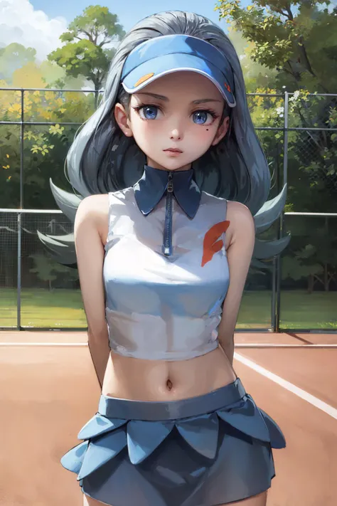 (masterpiece, best quality:1.2), <lyco:pokemon_kahili-10:1.0>, cowboy shot, solo, 1girl, kahili, expressionless, looking at viewer, arms behind back, visor cap, collared shirt, sleeveless, skirt, tennis court