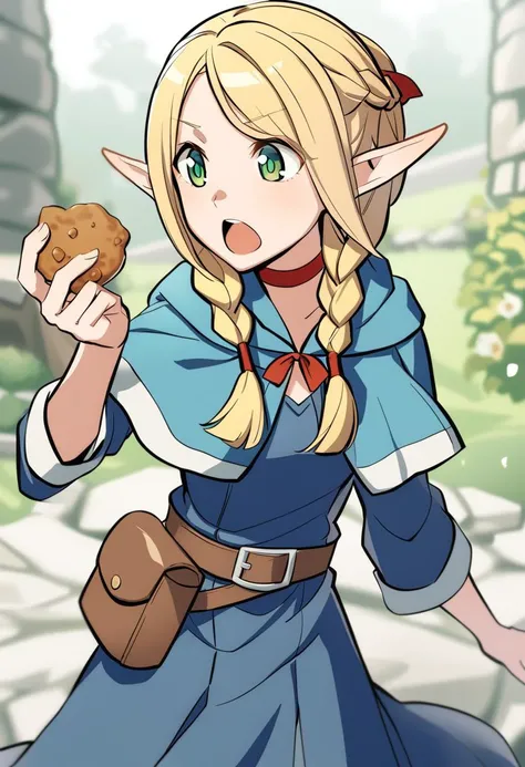 <lora:jingling:0.7>,1girl,elf,blonde hair,long hair,braid,twin braids, pointy ears, green eyes, choker,capelet, dress,belt,pouch,holding food,open mouth