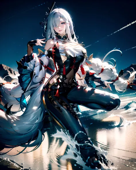 highres, booru, raifu masterpiece, best, <lora:skadi2-000040:0.8>, (skadi:1.2), 1girl, skadi \(arknights\), parted lips, smile, <lora:genshin_Shenhe_cosplay_v1:1> shenhe cosplay costume, cosplay, white hair, black bodysuit, breast curtain, tassel, partially fingerless gloves, hip vent, toeless footwear